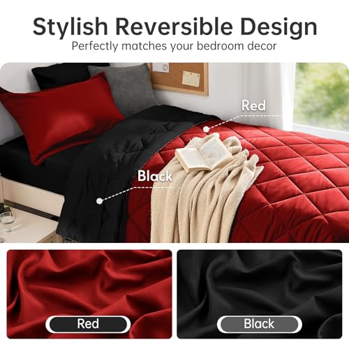 MUXHOMO 5 Pieces Twin XL Comforter Set, Reversible Bed in a Bag Twin XL Size, All Season Bedding Set with Comforter, Flat Sheet, Fitted Sheet, Pillowcases & Shams, Red & Black
